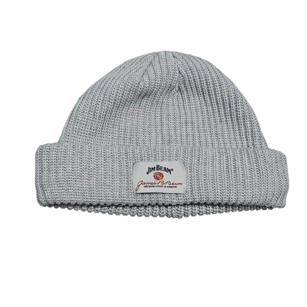 Jim Beam Grey Chunky Knit Beanie Hat With Embroidered Logo Basic Minimalist